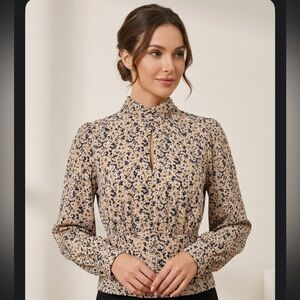 Mock-Neck Floral Print Blouse in Beige and Navy